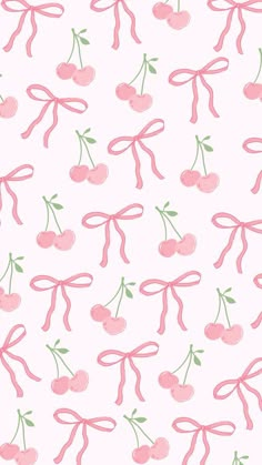 pink cherries with green leaves and ribbons on a white background seamless wallpaper