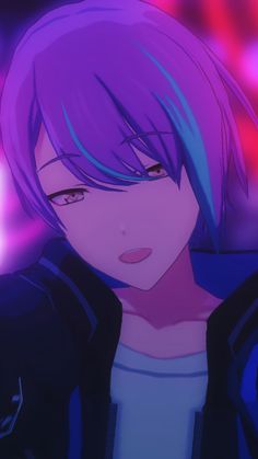 an anime character with purple hair and blue eyes looking at the camera while wearing a black jacket