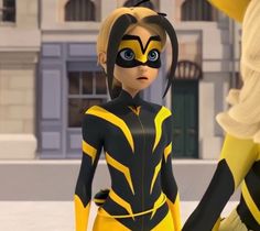 the animated character is dressed in yellow and black