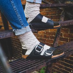 Meet the Birk Socks! Featuring a beautifully textured body with whimsical contrasting heels and toes, Birk Socks are perfect for keeping your toes toasty and stylish. Wondering what to gift knit?! These socks fit the bill for the whole family and easily go with everything from your Birks to your favorite pair of hiking Hiking Toe Socks, Birkenstock Buckley With Socks, Clog Socks, Birks And Socks, The Knitter, Shaved Head, Jumping Jacks, Knitting Gift, Socks And Sandals