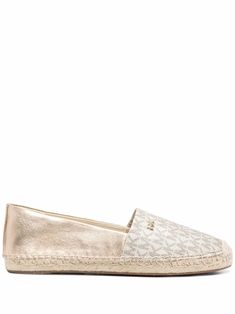 gold-tone/off white/light grey leather metallic finish gold-tone logo lettering round toe slip-on style branded insole flat sole Gold Espadrilles, On Logo, Monogram Prints, Athletic Outfits, Espadrille Shoes, Christmas Wishlist, Grey Leather, Luxury Boutique, White Light