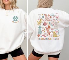 two pictures of a woman wearing a white sweatshirt with veterinary tech on the front and back