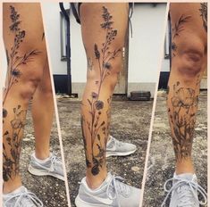 the legs are covered with tattoos and flowers