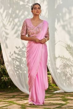 Pink pre-draped saree with an embroidered border. Paired with a padded sequin and pearl embroidered blouse. - Aza Fashions Luxury Pre-draped Pink Saree With Intricate Embroidery, Luxury Pink Pre-draped Saree With Printed Border, Luxury Pink Pre-draped Saree With Border, Draped Saree Gown, Blouse High Neck, Stitched Saree, Gown For Women, Saree Gown, Drape Saree