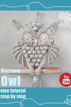 an owl made out of yarn sitting on top of a wooden stick with the words macrame owl written below it