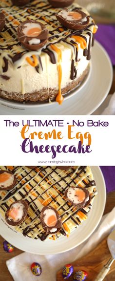 the ultimate no bake creme egg cheesecake is ready to be eaten and served