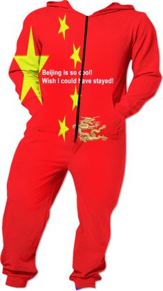 a man in a red onesuit with yellow stars on the chest and words written below