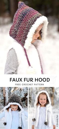 a girl wearing a hat and coat in the snow with text overlay that says faux fur hood free crochet pattern