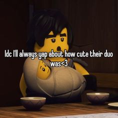 a lego character sitting at a table with the caption did i always talk about how cute their duo was?