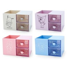 four different colored boxes with cartoon drawings on the front and sides, each containing hearts