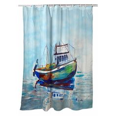 a shower curtain with a painting of a boat in the water