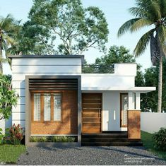 the small house is made out of wood and white bricks, with palm trees in the background