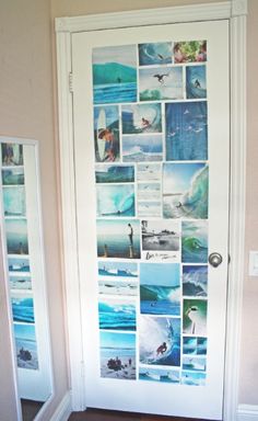 the door is decorated with pictures of surfers and waves on it's side