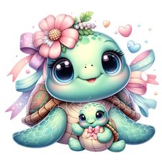 a cartoon turtle holding a baby turtle with flowers on it's head and wearing a flower