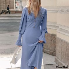 Olivia Mark - Chic and Elegant Mandarin Collar Dress with Slim Fit and A-line Snow Chiffon Maxi Skirt Blue Dress Modest, Mandarin Collar Dress, Wrap Dress Long, Long Dress Plus Size, Chiffon Maxi Skirt, Light Blue Dress, Low Cut Dresses, Dress Modest, Marine Uniform