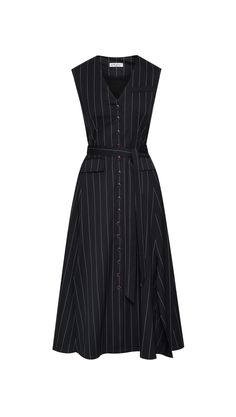 This easy, elevated midi dress in an extra soft Italian wool provides effortless polish all year long. Featuring besom pockets and an adjustable belt, the all-occasion dress is designed with vest details and a center-front button closure. Denim Outerwear, Wear Green, Navy Midi Dress, Sleeveless Vest, Short Jumpsuit, Adjustable Belt, Vest Dress, Dress Codes, Sweater Skirt