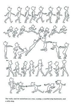 an image of people doing different things in the form of stick figures, with one man running