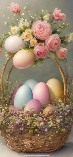 a basket filled with eggs and flowers on top of a table