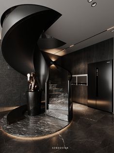 a black and white photo of a spiral staircase in a modern building with marble floors