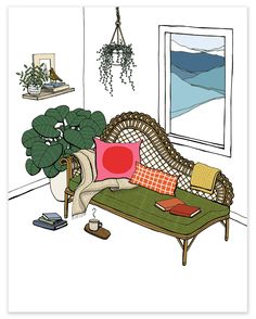 a drawing of a living room with a couch and potted plant in the corner