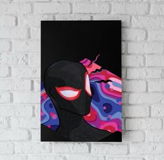 a painting on a brick wall with a black mask