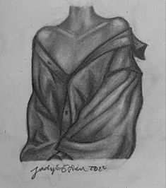 a black and white drawing of a woman's shirt draped over her shoulders,