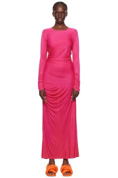 MSGM: Pink Gathererd Maxi Dress | SSENSE Pink Ruched Elastane Dress, Ruched Elastane Maxi Dress, Long Sleeve Ruched Elastane Dress, Stretch Ruched Long Dress, Long Stretch Ruched Dress, Pink Elastane Evening Dress, Fuschia Dress, Jersey Dress, Maxi Dress