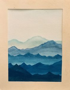 a watercolor painting of mountains in blue and green colors with white border around the edges