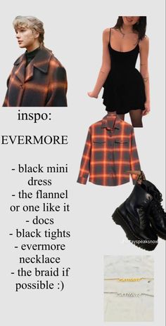 an advertisement with the words inspo evermore in black and orange plaid shirting