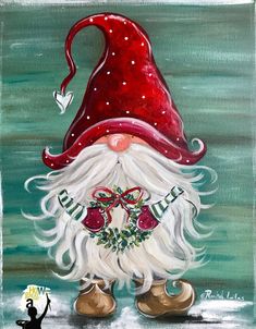 a painting of a santa clause with red hat and white beard, on a black background