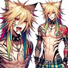 two male anime characters with different colored hair and piercings on their bodies, one is looking at the camera