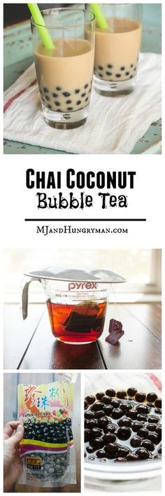 the ingredients to make chai coconut bubble tea are shown in this collage with text overlay