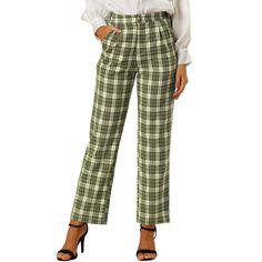 These pants are essential for dressing up or down. Lightweight fabric, covered in a plaid pattern, shapes these trendy trousers with a high-rise fit. How it is a bit high waist and how it gathers at the waist adding shape to the body. You may love everything about these trousers, from their regular fit to the elastic high-waist, which could double as a hiding mechanism for women with love handles. Style these trousers with a crop top and heels for the ultimate look. This fashionable and trendy c Chic Plaid Straight Leg Pants, Plaid Trousers For Office, Chic Plaid Straight Leg Bottoms, Plaid High-waisted Pants For Business Casual, Plaid High-waisted Pants For Work, High Waist Plaid Pants For Spring, High-waisted Plaid Pants For Business Casual, Chic High-waisted Plaid Pants, Casual Plaid Bottoms