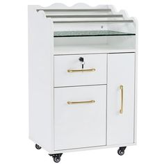 Get rid of your outdated and clumsy salon tool cabinet in your store. Come try this salon trolley with wheels! The elegant beauty rolling cart has a wave-like appearance with rippled glass that will impress anyone who enters the salon. Multiple storage space of this rolling trolley can help to classify various barber tools. It will be a whole new choice and nice helper for your salon! This nail table is a popular product in the same series of products. Modern, sleek and bright design makes this Spa Cart, Salon Storage, Salon Cart, Salon Styling Stations, Mobile Spa, Salon Trolley, Tool Drawers, Organization Cart, Styling Stations