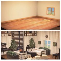 two pictures of a living room with wood floors