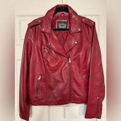 Levi’s Leather Jacket. Purchased For My Daughter And She Never Wore It! Red Fall Biker Jacket With Pockets, Levi's Casual Outerwear With Zipper Closure, Levi's Casual Leather Jacket, Casual Levi's Outerwear With Zipper Closure, Casual Burgundy Leather Jacket With Long Sleeves, Casual Red Winter Biker Jacket, Red Casual Biker Jacket For Winter, Casual Burgundy Leather Jacket For Fall, Red Casual Long Sleeve Biker Jacket