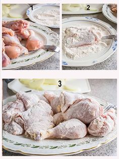 four pictures showing how to cook chicken in the oven and then put it on a plate