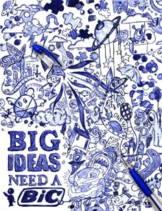 a blue and white drawing with words written on it, surrounded by doodle drawings