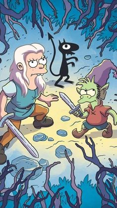 an image of cartoon characters in the woods with one holding a knife and another looking at something