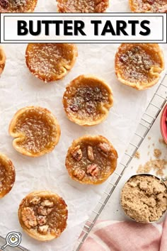 mini butter tarts with pecans on top and the text overlay reads, how to make butter tarts