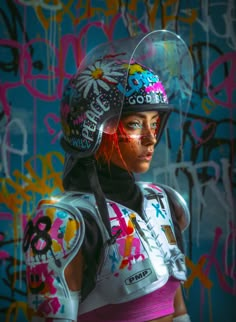 a woman wearing a helmet with graffiti on it