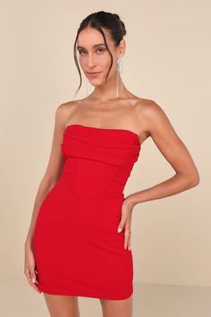 Dramatic Intent Red Strapless Corset Bodycon Mini Dress Short Red Dress Formal, Mini Dress Corset, Red Dress Formal, Red Hoco Dress, Hoco Dresses Red, Strapless Homecoming Dresses, Basque Waist, Couples Halloween Outfits, Vegas Dresses