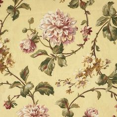 a floral wallpaper with pink flowers and green leaves on a yellow background is shown