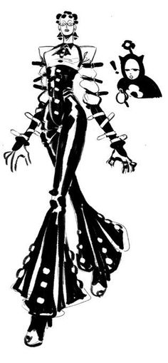 a black and white drawing of a woman wearing a dress with polka dots on it