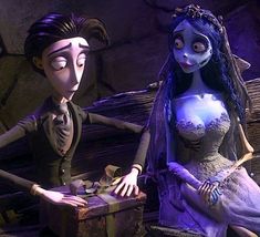 corpse bride and groom sitting next to each other in front of a wooden bench at night