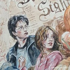 a drawing of harry potter and hermione's bride in front of a sign