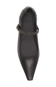 An elongated snipped-toe enhances the streamlined aesthetic of this ballet-inspired calfskin flat detailed with signature monili beading at the strap. Adjustable strap with buckle closure Leather upper and lining/leather and synthetic sole Made in Italy Designer Shoes Elegant Ballet Flats With Ankle Strap, Elegant Ballet Flats With Heel Strap, Leather Ballet Flats With Flat Heel, Formal Closed Toe Ballet Flats, Fitted Closed Toe Ballet Flats For Formal Occasions, Formal Low Heel Fitted Flats, Sleek Formal Flats With Low Heel, Formal Fitted Closed Toe Ballet Flats, Formal Fitted Almond Toe Ballet Flats