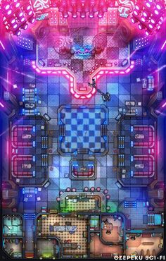 an overhead view of a futuristic city with lots of neon lights on the ceiling and floor