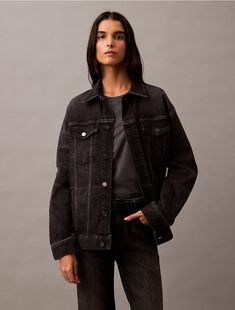 From Calvin Klein Studio. Inspired by craft and premium materials. Denim enhanced with a touch of cashmere for a soft, warm hand. A structured jacket in a classic silhouette.  Material: 93% Cotton, 5% Cashmere Wool, 2% Polyurethane. Calvin Klein Store, Structured Jacket, Denim Crafts, Oversized Denim Jacket, Sport Swimwear, Denim Jacket Women, Trucker Jacket, Cashmere Wool, Metal Logo