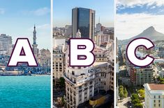 three different pictures with the letters abc and c above them in front of a cityscape